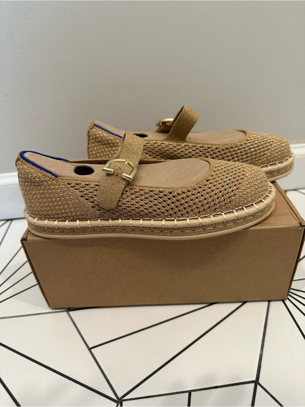 Rothy's Tan and Gold Sun Knit Espadrille Mary Jane with Gold Buckle